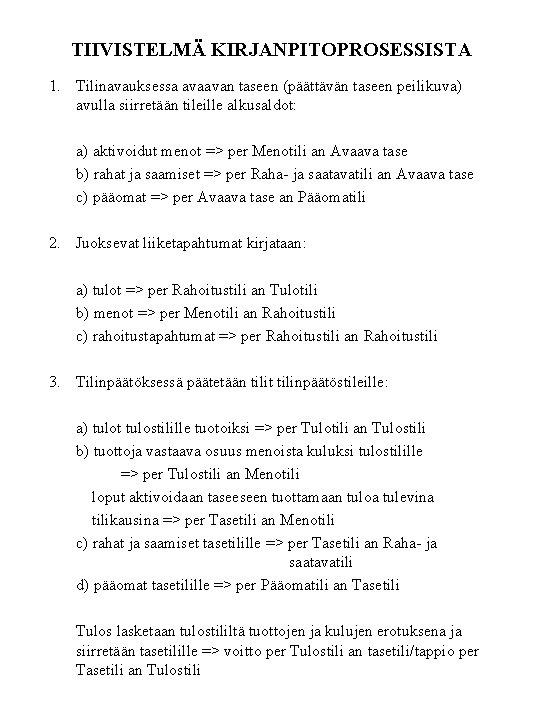 TIIVISTELMÄ KIRJANPITOPROSESSISTA 1. Tilinavauksessa avaavan taseen (päättävän taseen peilikuva) avulla siirretään tileille alkusaldot: a) TIIVISTELMÄ KIRJANPITOPROSESSISTA 1. Tilinavauksessa avaavan taseen (päättävän taseen peilikuva) avulla siirretään tileille alkusaldot: a)