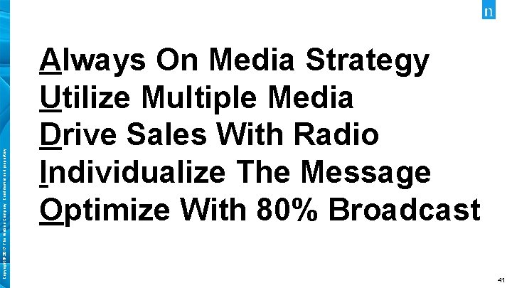 Copyright © 2017 The Nielsen Company. Confidential and proprietary. Always On Media Strategy Utilize