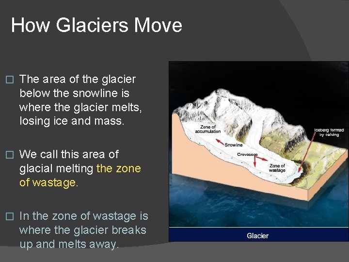 How Glaciers Move � The area of the glacier below the snowline is where