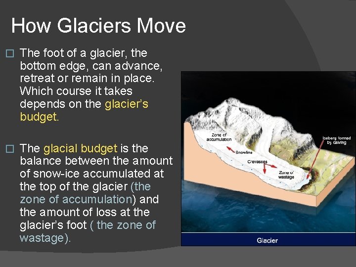 How Glaciers Move � The foot of a glacier, the bottom edge, can advance, How Glaciers Move � The foot of a glacier, the bottom edge, can advance,