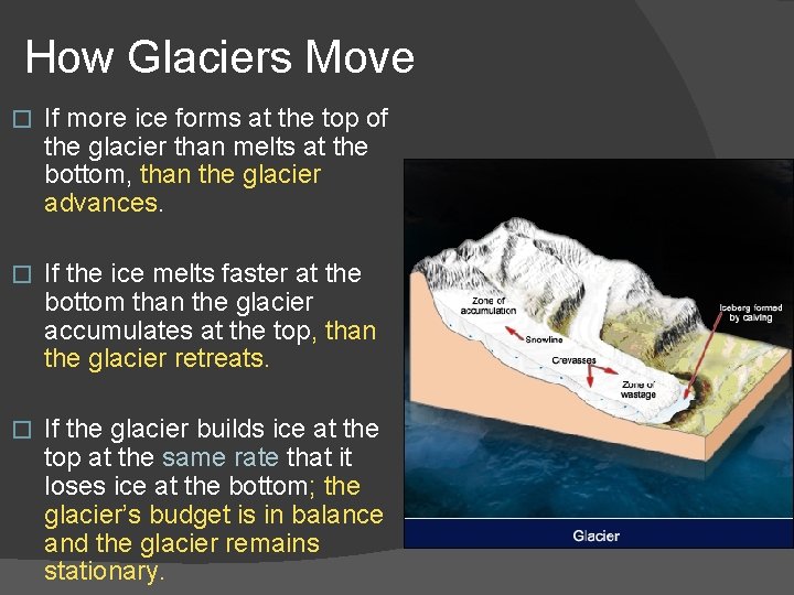 How Glaciers Move � If more ice forms at the top of the glacier