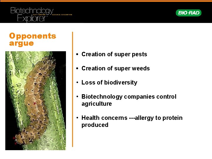 Opponents argue • Creation of super pests • Creation of super weeds • Loss