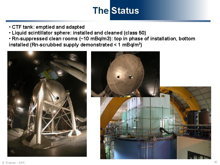 The Status • CTF tank: emptied and adapted • Liquid scintillator sphere: installed and