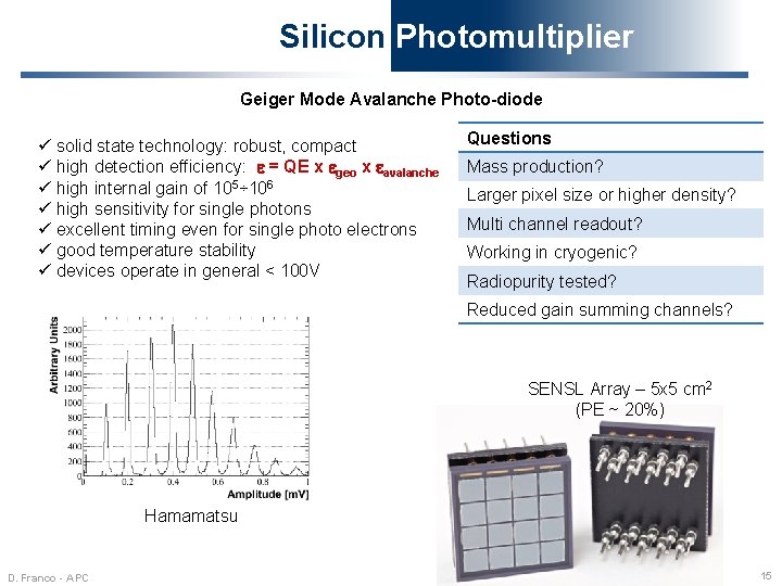Silicon Photomultiplier Geiger Mode Avalanche Photo-diode ü solid state technology: robust, compact ü high