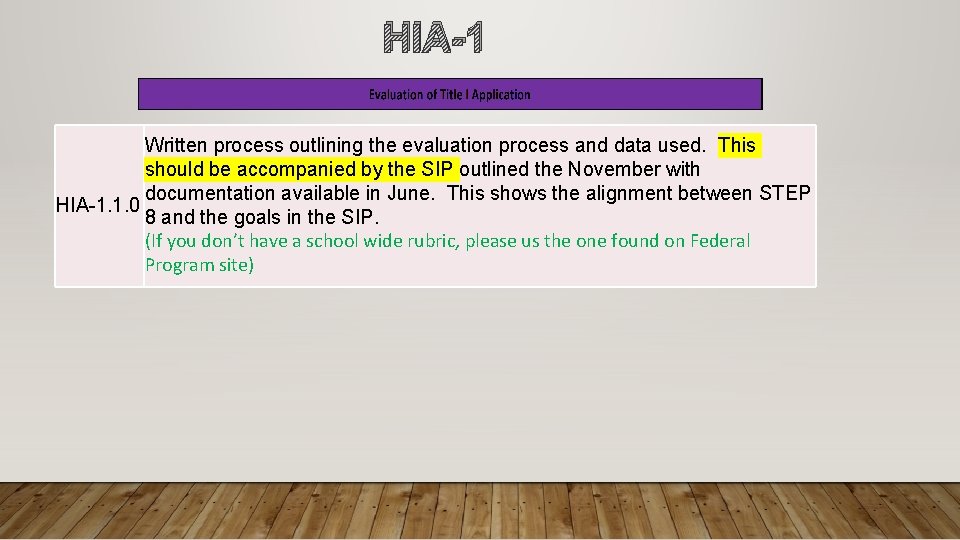 HIA-1 Written process outlining the evaluation process and data used. This should be accompanied