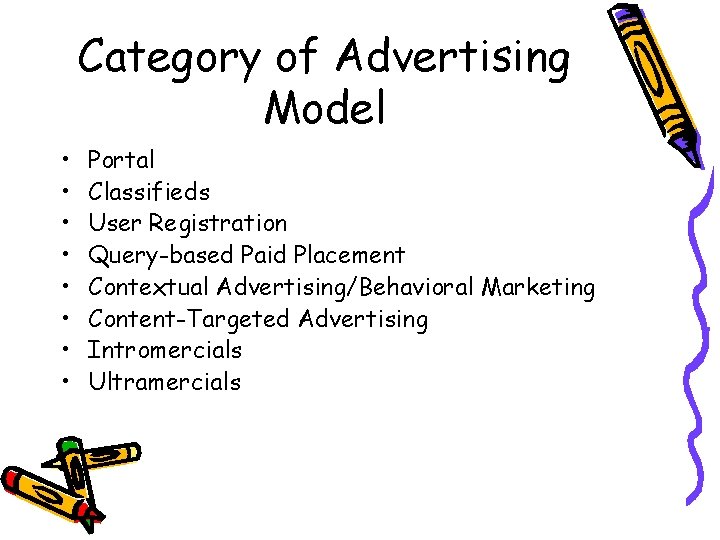 Category of Advertising Model • • Portal Classifieds User Registration Query-based Paid Placement Contextual