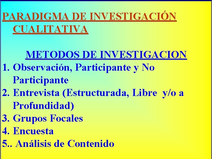 PARADIGMA DE INVESTIGACIÓN CUALITATIVA METODOS DE INVESTIGACION 1. Observación, Participante y No Participante 2. PARADIGMA DE INVESTIGACIÓN CUALITATIVA METODOS DE INVESTIGACION 1. Observación, Participante y No Participante 2.