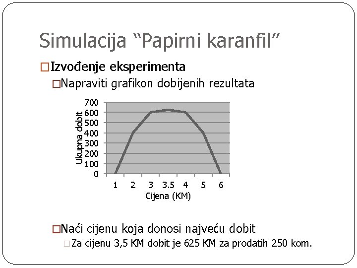 Simulacija “Papirni karanfil” �Izvođenje eksperimenta Ukupna dobit �Napraviti grafikon dobijenih rezultata 700 600 500