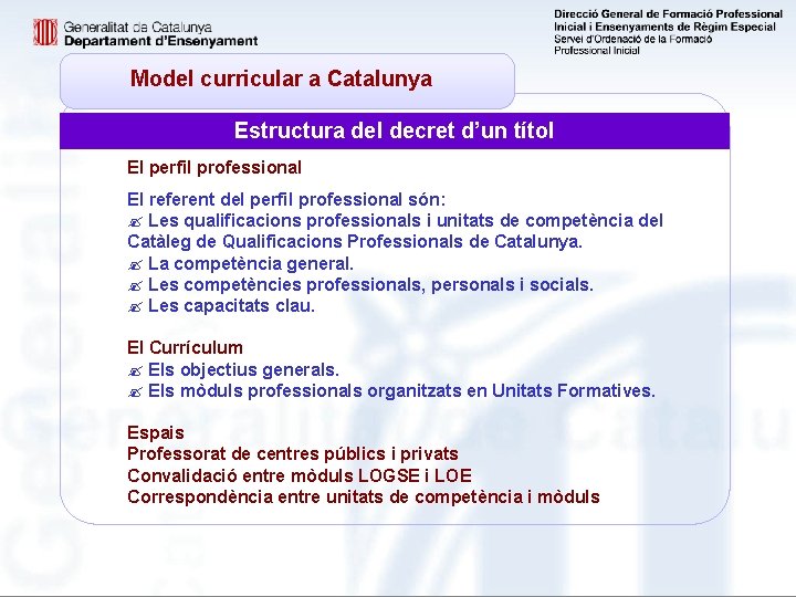 Model curricular a Catalunya Estructura del decret d’un títol El perfil professional El referent