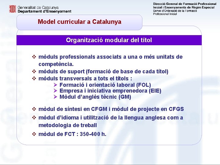 Model curricular a Catalunya Organització modular del títol v mòduls professionals associats a una
