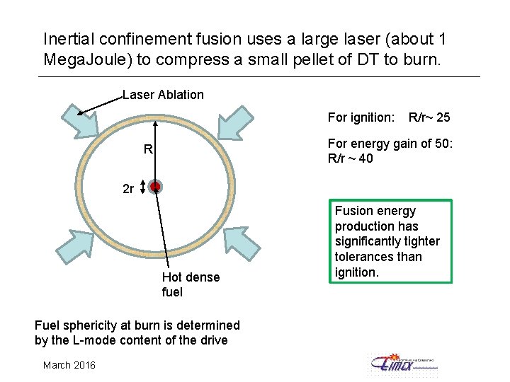 Inertial confinement fusion uses a large laser (about 1 Mega. Joule) to compress a