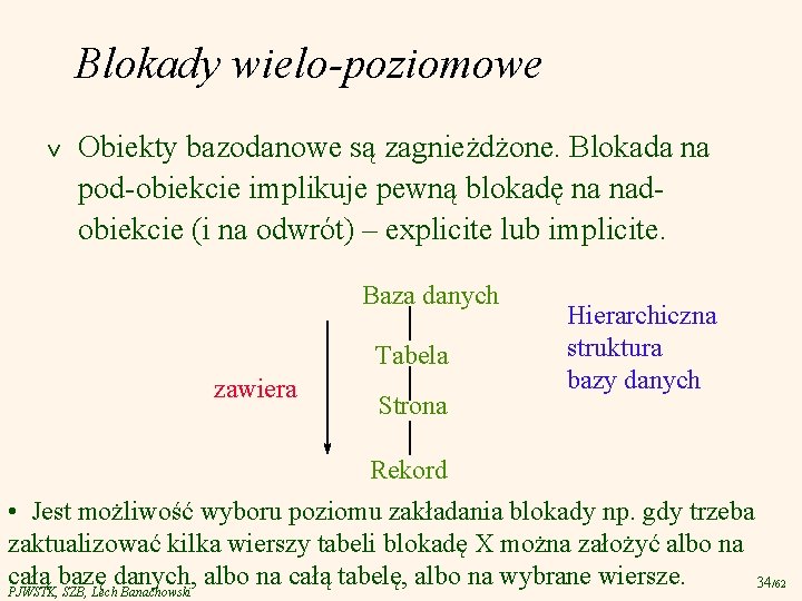 Blokady wielo-poziomowe v Obiekty bazodanowe są zagnieżdżone. Blokada na pod-obiekcie implikuje pewną blokadę na