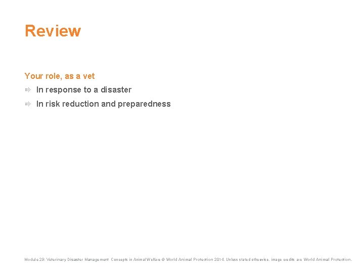 Review Your role, as a vet In response to a disaster In risk reduction Review Your role, as a vet In response to a disaster In risk reduction