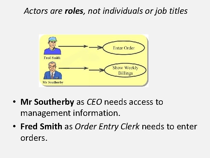 Actors are roles, not individuals or job titles • Mr Southerby as CEO needs