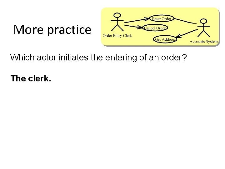 More practice Which actor initiates the entering of an order? The clerk. 