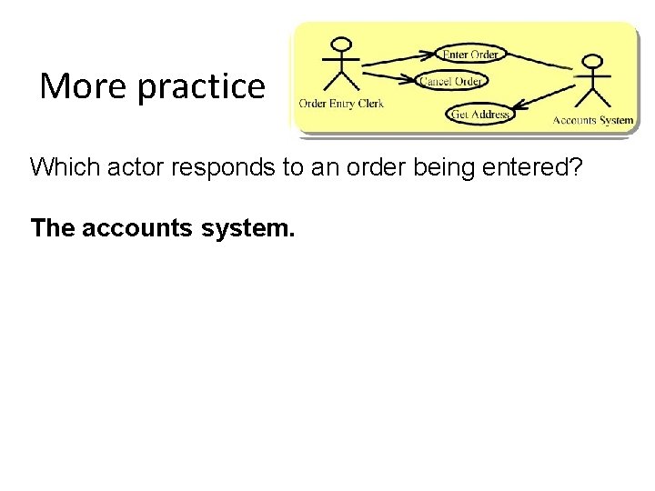 More practice Which actor responds to an order being entered? The accounts system. 