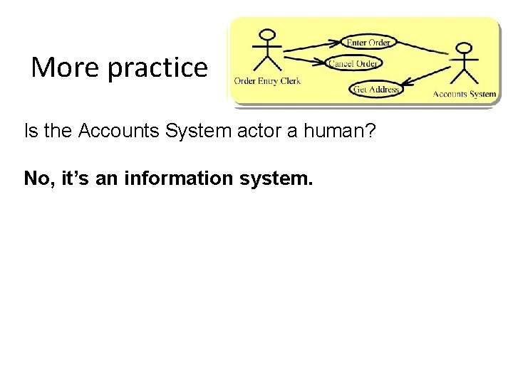 More practice Is the Accounts System actor a human? No, it’s an information system.