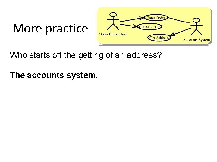 More practice Who starts off the getting of an address? The accounts system. 