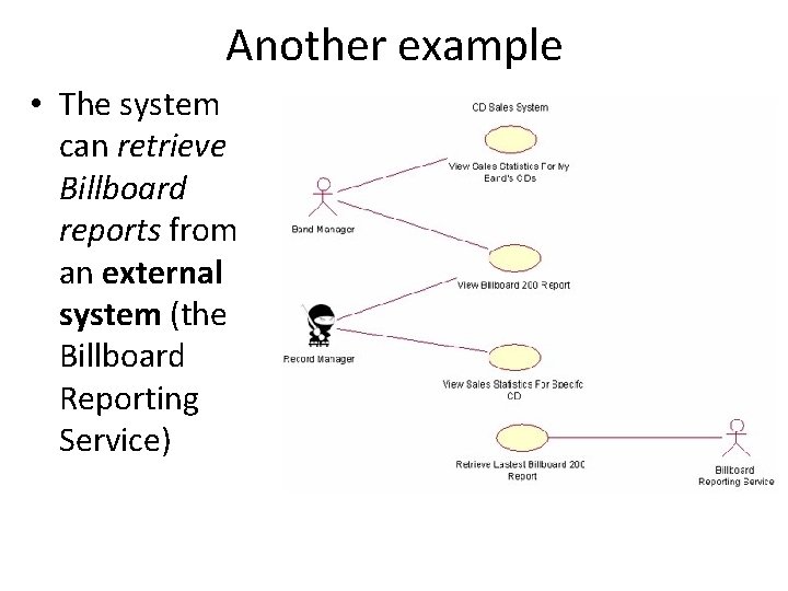 Another example • The system can retrieve Billboard reports from an external system (the