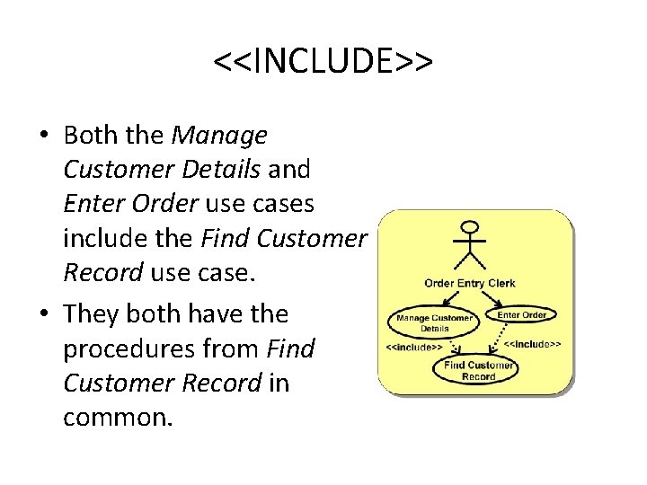 <<INCLUDE>> • Both the Manage Customer Details and Enter Order use cases include the