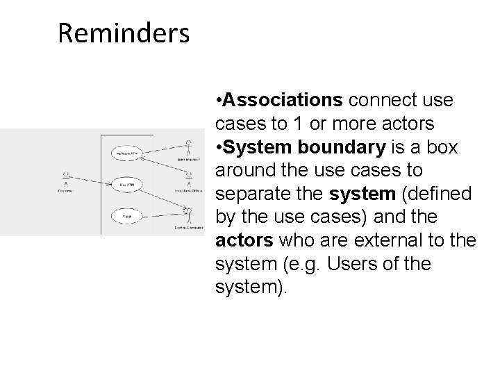 Reminders • Associations connect use cases to 1 or more actors • System boundary