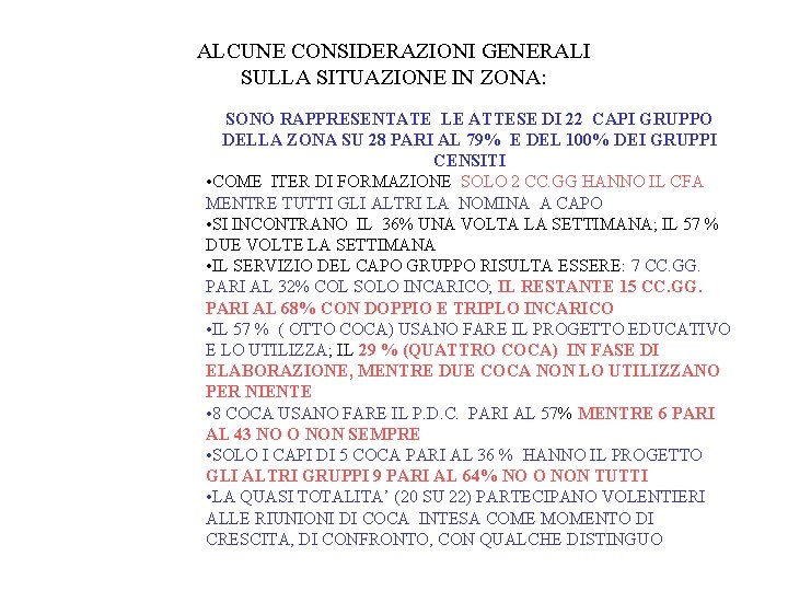 ALCUNE CONSIDERAZIONI GENERALI SULLA SITUAZIONE IN ZONA: SONO RAPPRESENTATE LE ATTESE DI 22 CAPI