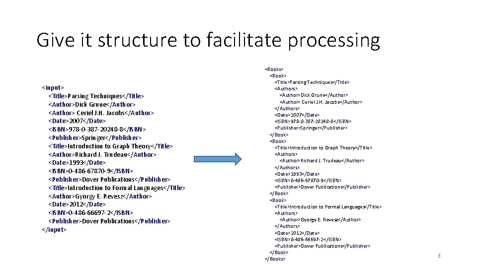 Give it structure to facilitate processing <input> <Title>Parsing Techniques</Title> <Author>Dick Grune</Author> <Author> Ceriel J.