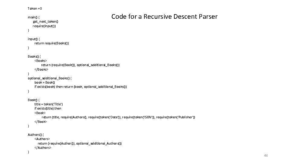 Token = 0 main() { get_next_token() require(input()) } Code for a Recursive Descent Parser