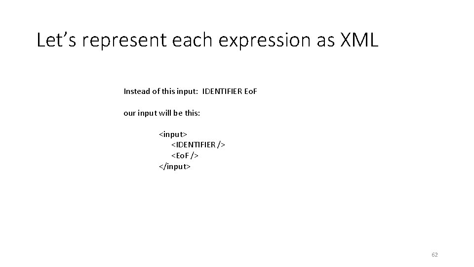 Let’s represent each expression as XML Instead of this input: IDENTIFIER Eo. F our