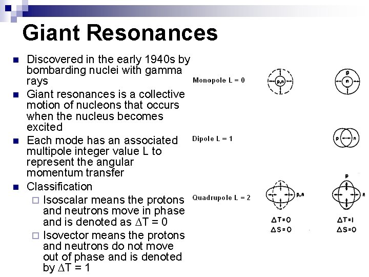 Giant Resonances n n Discovered in the early 1940 s by bombarding nuclei with