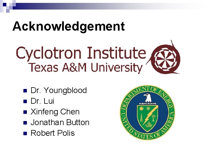 Acknowledgement n n n Dr. Youngblood Dr. Lui Xinfeng Chen Jonathan Button Robert Polis