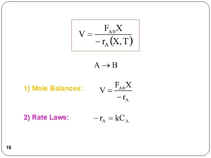 1) Mole Balances: 2) Rate Laws: 15 