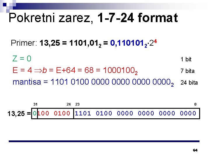 Pokretni zarez, 1 -7 -24 format Primer: 13, 25 = 1101, 012 = 0,