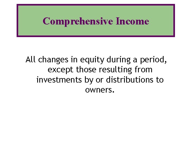 Comprehensive Income All changes in equity during a period, except those resulting from investments
