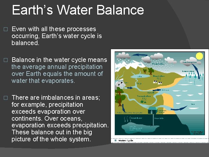 Earth’s Water Balance � Even with all these processes occurring, Earth’s water cycle is