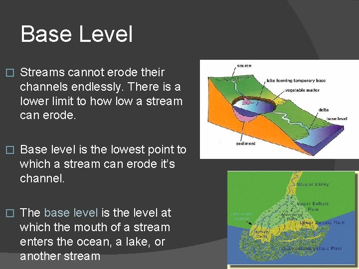 Base Level � Streams cannot erode their channels endlessly. There is a lower limit