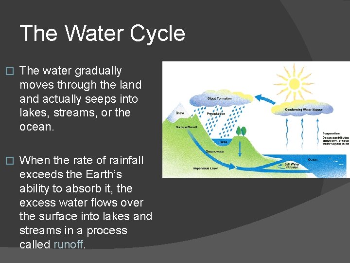 The Water Cycle � The water gradually moves through the land actually seeps into