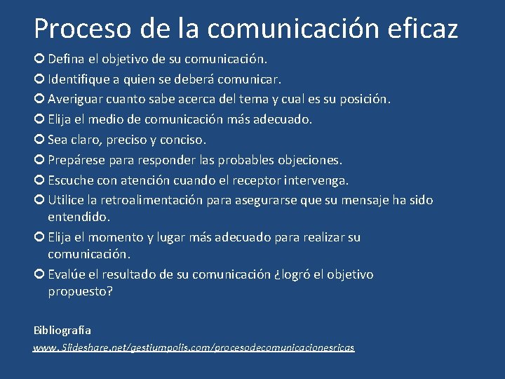 Proceso de la comunicación eficaz Defina el objetivo de su comunicación. Identifique a quien