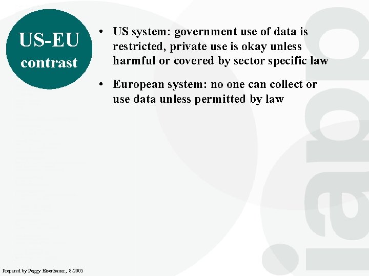 US-EU contrast • US system: government use of data is restricted, private use is
