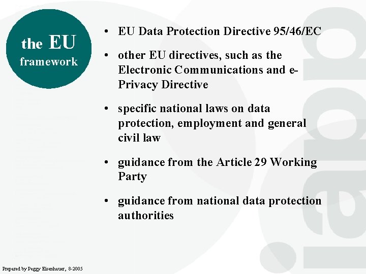 the EU framework • EU Data Protection Directive 95/46/EC • other EU directives, such