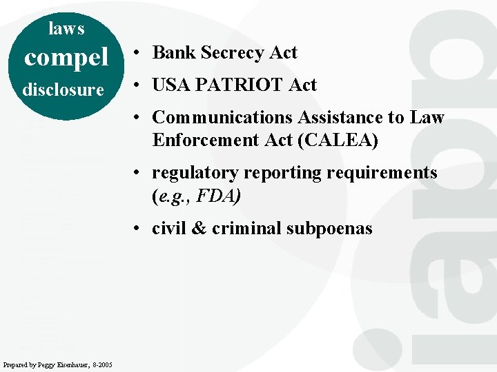 laws compel • Bank Secrecy Act disclosure • USA PATRIOT Act • Communications Assistance