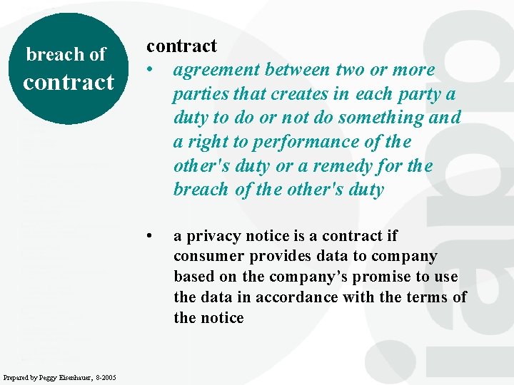 breach of contract • agreement between two or more parties that creates in each