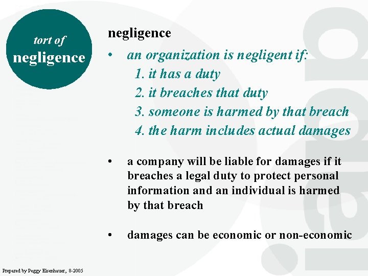 tort of negligence Prepared by Peggy Eisenhauer, 8 -2005 negligence • an organization is