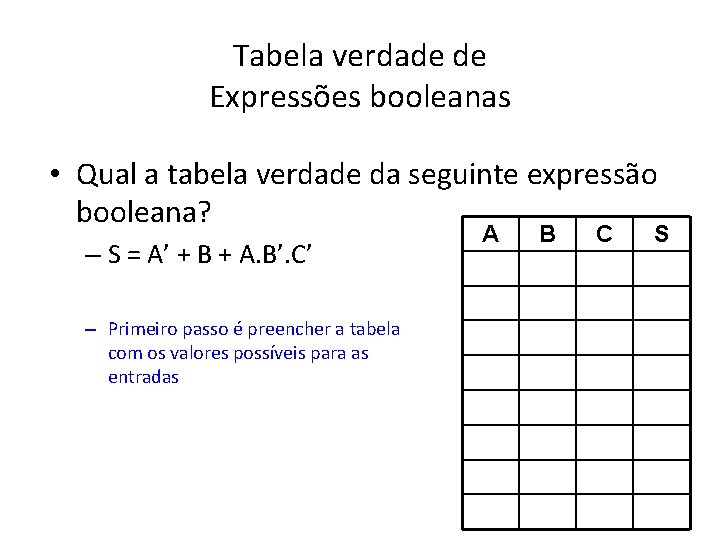 Tabela verdade de Expressões booleanas • Qual a tabela verdade da seguinte expressão booleana?