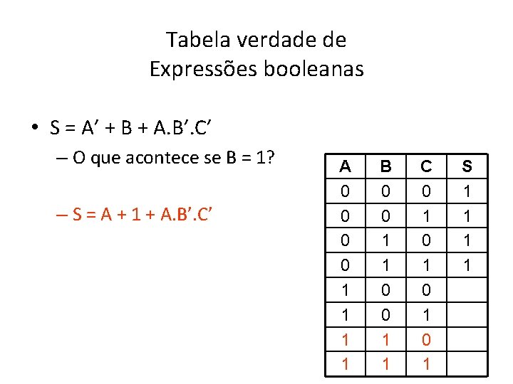 Tabela verdade de Expressões booleanas • S = A’ + B + A. B’.