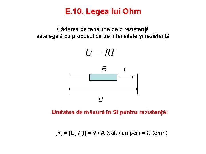 E. 10. Legea lui Ohm Căderea de tensiune pe o rezistență este egală cu