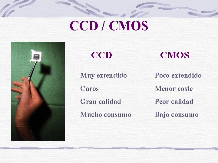 CCD / CMOS CCD CMOS Muy extendido Poco extendido Caros Menor coste Gran calidad