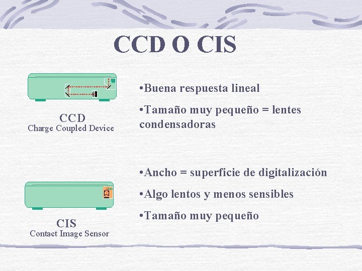 CCD O CIS • Buena respuesta lineal CCD Charge Coupled Device • Tamaño muy