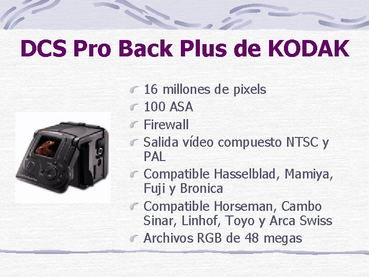 DCS Pro Back Plus de KODAK 16 millones de pixels 100 ASA Firewall Salida