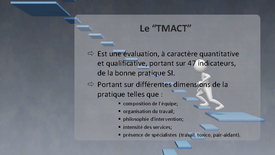 Le “TMACT” Est une évaluation, à caractère quantitative et qualificative, portant sur 47 indicateurs, Le “TMACT” Est une évaluation, à caractère quantitative et qualificative, portant sur 47 indicateurs,